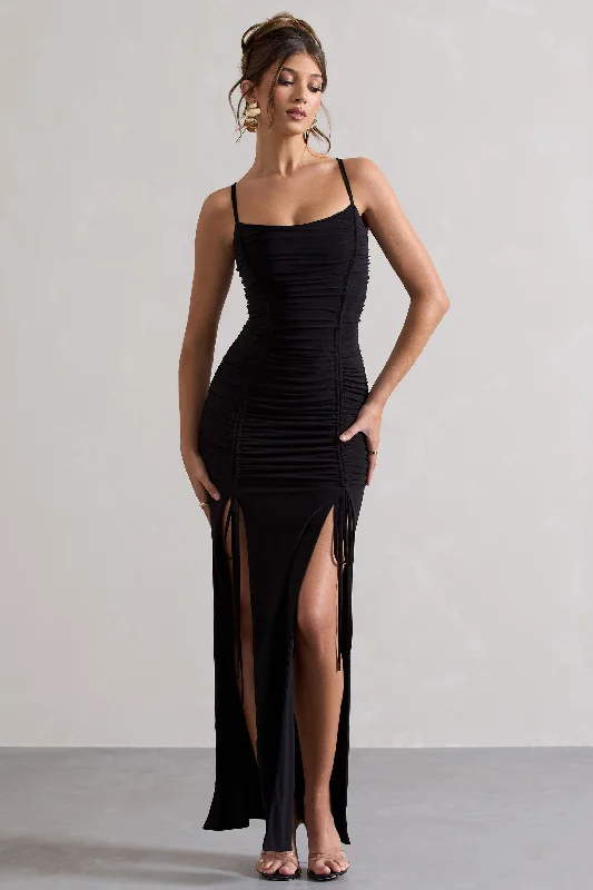 Exclusive Discounts Devon | Black Ruched Strappy Maxi Dress With Splits Subtle Sophistication