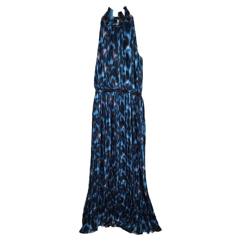 Feminine Style Promotions Erdem Printed Pleated Gown in Blue Polyester Flowy Fabric