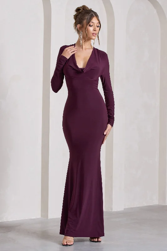 Massive Selection Sale My Attention | Plum Plunge Cowl-Neck Long-Sleeve Maxi Dress Effortless Style