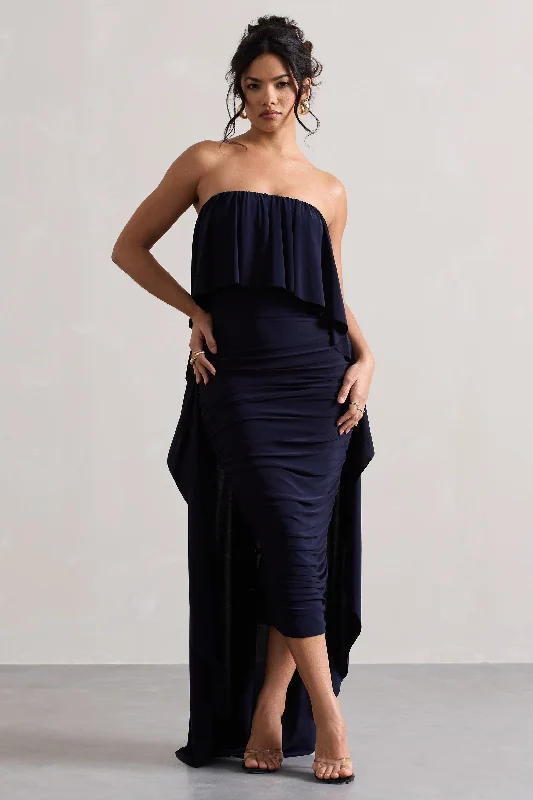 Best-Sellers Upon A Time | Navy Ruched Bandeau Midi Dress With Cape Contemporary Elegance