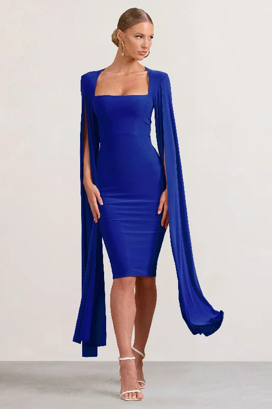 Don't Miss Out Flawless | Cobalt Blue Square Neck Midi Dress With Cape Sleeves Graceful Movement