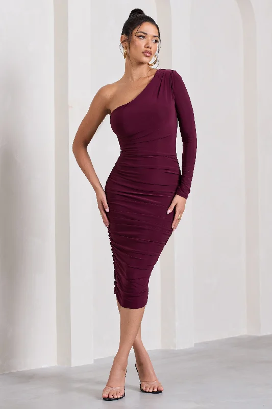 Style Revolution In The Shadows | Burgundy One Sleeve Midi Dress With Ruching Dreamy Aesthetic