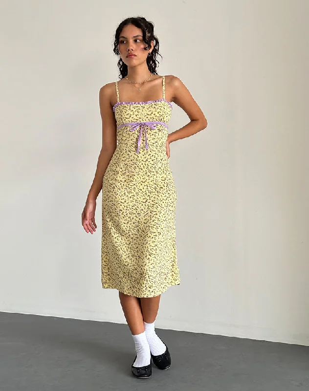 Season Offer Isaure Midi Dress in Flowing Flower Yellow Modern Romance