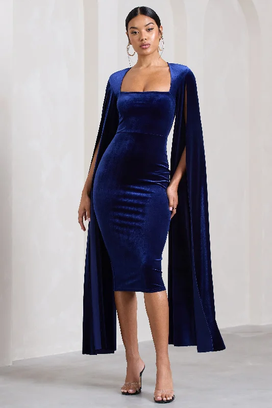 Limited Edition Flawless | Navy Velvet Square Neck Midi Dress With Cape Sleeves Romantic Date - Night Ensemble