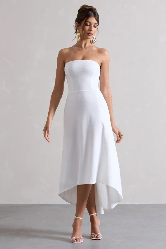 The Latest Trends Ariela | White Bandeau High-Low Midi Dress Chic Sophistication