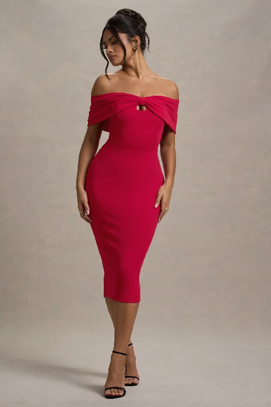 Seasonal Style Discounts Hope | Red Bow Bardot Midi Dress Casual Chic