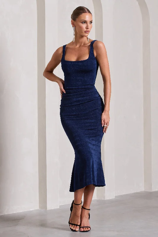 The Good Stuff Evora | Navy Ruched Square-Neck Midi Dress Parisian Effortless Chic Style