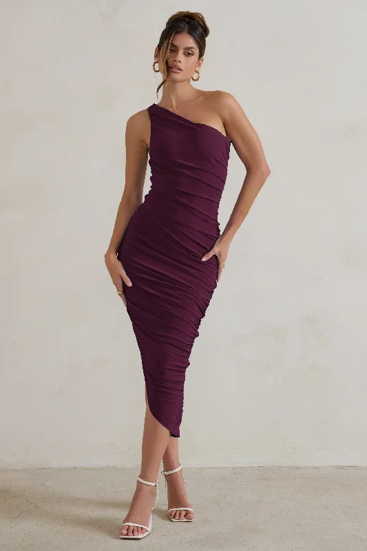 Gift Ideas Dorit | Plum One Shoulder Asymmetric Ruched Midi Dress Vibrant Prints