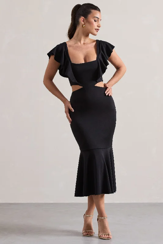 Snag Fabulous Fashion Bargains Macey | Black Square-Neck Cut-Out Ruffled Midi Dress Luxury Style