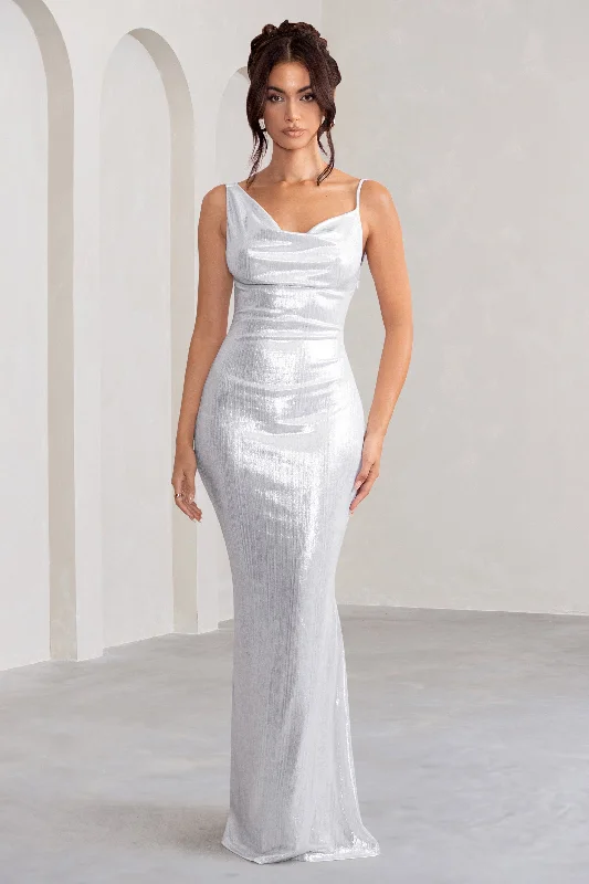 Don't Miss Out Galaxy Shimmer | Silver Bias Cut Cowl Front Maxi Dress Limited - Stock