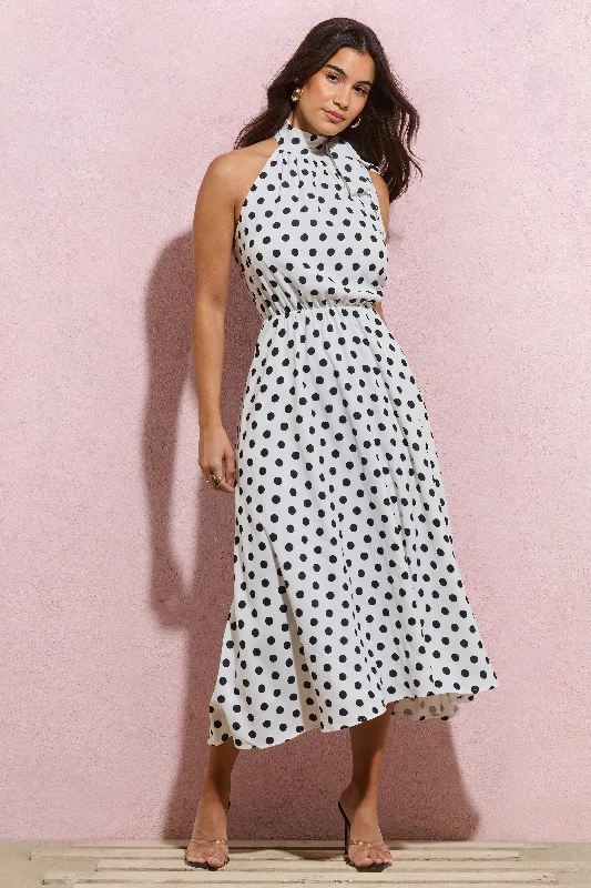 Enjoy Discount Winona | White Polka Dot High-Neck Split Midi Dress With Bow Alluring Design