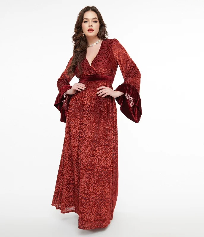 Latest Fashion Unique Vintage 1970s Burgundy Velvet Burnout Maxi Dress Elegant Ensemble