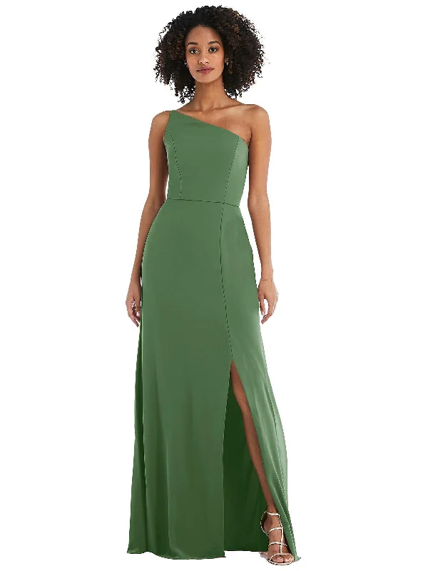 Classic Elegance Sales Skinny One-Shoulder Trumpet Gown with Front Slit Flowing Silhouette