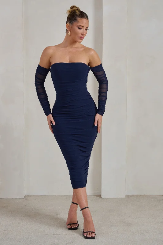 Chic & Cozy Collection Sorella | Navy Ruched Mesh Bardot Midi Dress Vibrant Prints