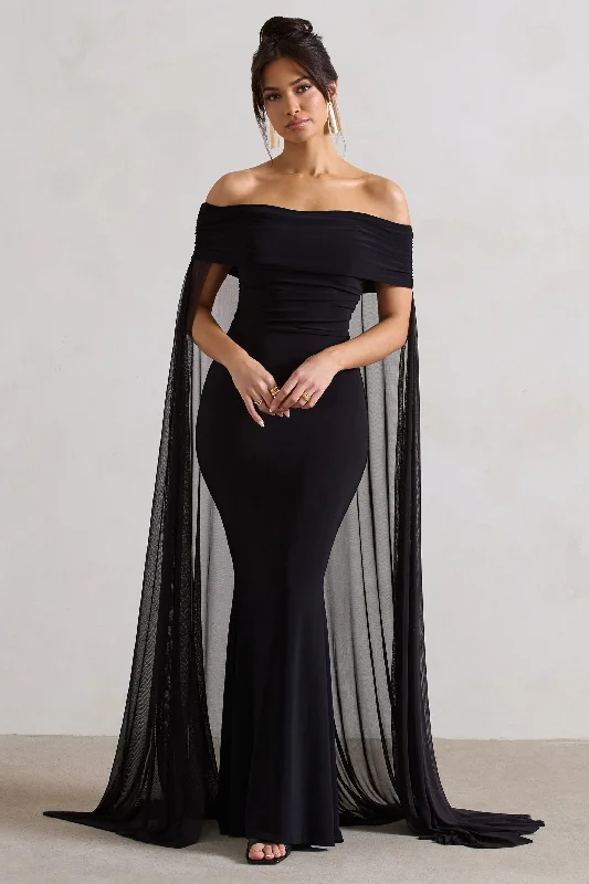 Stylish Deals Carlotta | Black Bardot Maxi Dress With Chiffon Cape Luxury Comfort