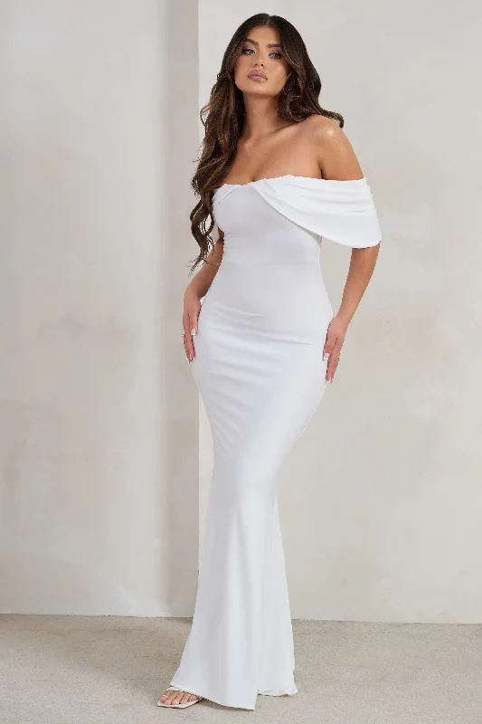 Holiday Attire Sale Gabrielle | White Bardot Neckline With Drape Sleeves Maxi Dress Luxury Comfort