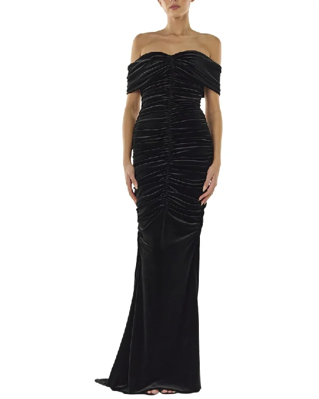 Flirty Fashion Discounts Monique Lhuillier Off the Shoulder Ruched Silk-Lined Gown Classic Charm