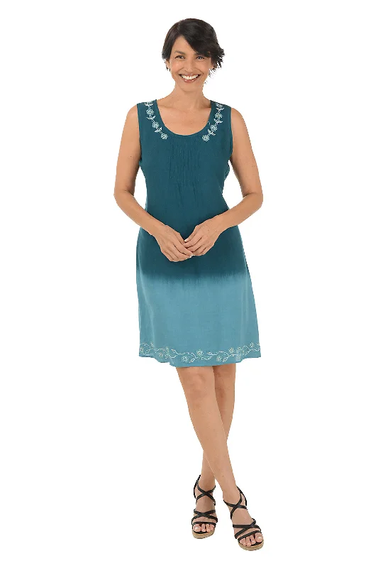 Fashionable Comfort Promotions Teal Rhinestone Floral Ombre Sleeveless Dress Vibrant Prints