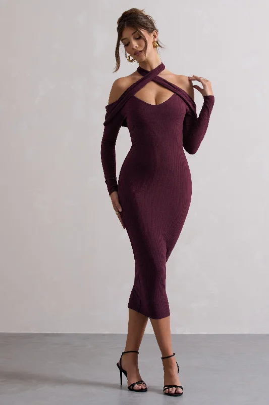 Minimalist Fashion Sale Duet | Plum Rib Knit Halter-Neck Midi Dress With Cut-Out Luxury Style