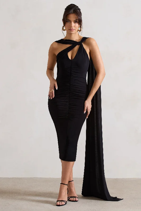 Clearance Event Freedom | Black Strappy Asymmetric Cut-Out Midi Dress With Cape Dreamy Draping