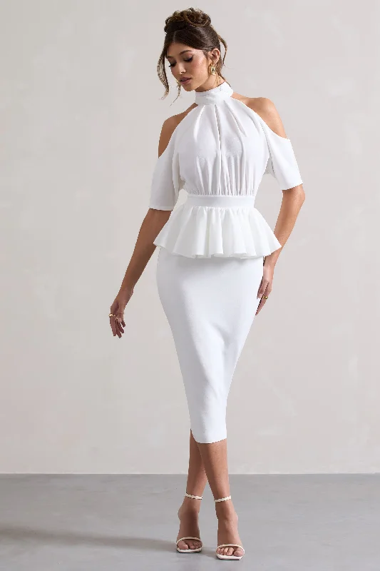 Luxury Fashion Discounts Yves | White High-Neck Cut-Out Midi Dress With Peplum Waist Effortless Grace