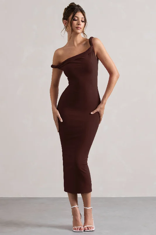 Style Upgrade Salome | Chocolate Brown Twisted Asymmetric Midi Dress Minimalist Office - Ready Style