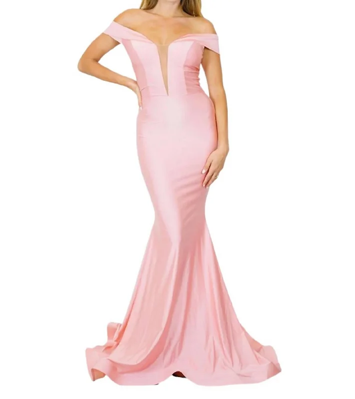 Imeless Style Long Off Shoulder Formal Gown In Bubblegum Final Clearance