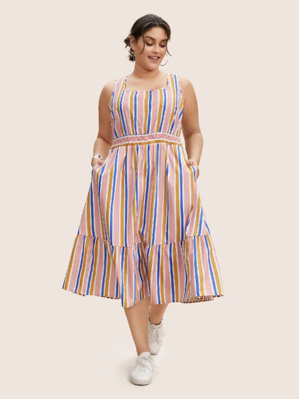 Huge Price Cut Contrast Striped Shirred Ruffle Hem Midi Dress Graceful Drape