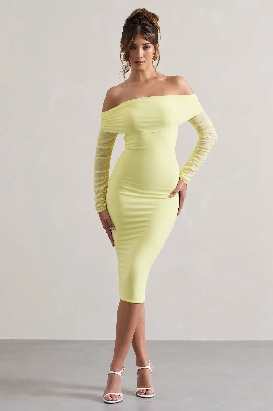 Browse Our Top Products Only You | Lemon Ruched Mesh Bardot Midi Dress Final Clearance