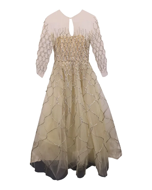 Chic & Modern Sales Oscar de la Renta Quarter-Sleeve Corded Gown in Cream Tulle Effortless Comfort