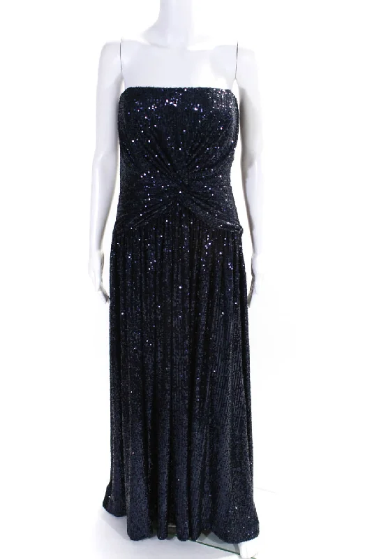 Final Sale Halston Womens Sequined Sweetheart Neck Knotted Zipped Maxi Gown Navy Flowy Fabric