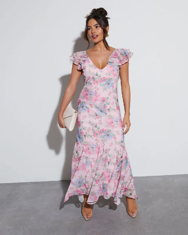 Edgy Fashion Deals Orchard Floral Ruffle Sleeve Maxi Dress Grab Romantic Date - Night Styles Now