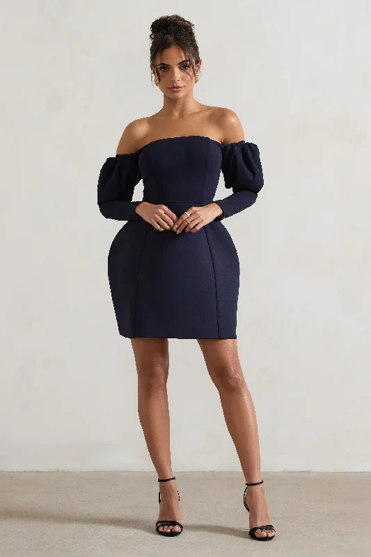 Street Style Discounts Evangeline | Navy Structured Bardot Puff-Sleeve Mini Dress Limited - Stock