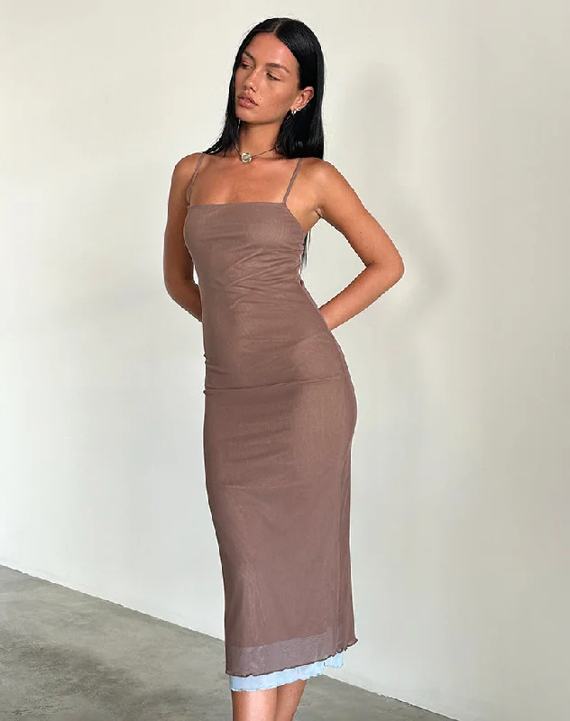 Sustainable Fashion Extravaganza Bisilk Midi Dress in Mesh Brown with Light Blue Modern Glamour