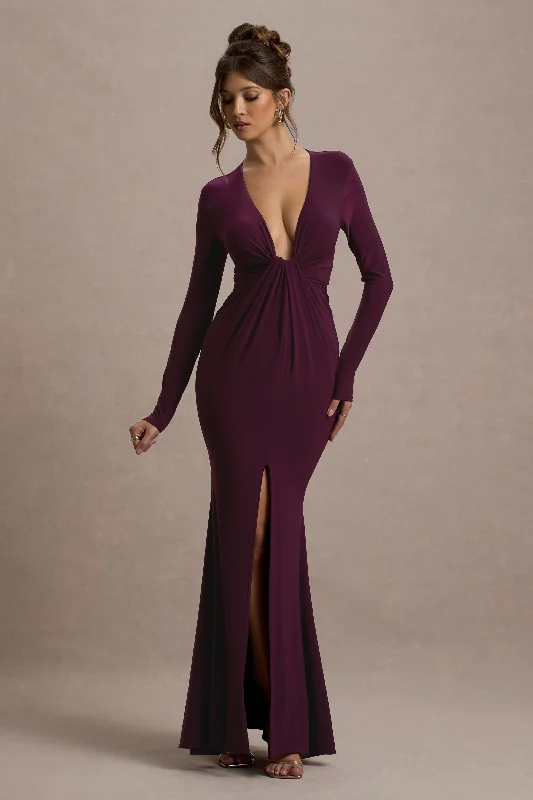 Trend Forward Threads Aluna | Plum Plunge-Neck Twisted Split Maxi Dress Subtle Sophistication