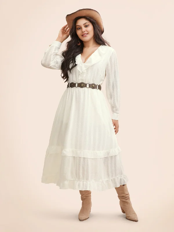 Style Without Limits Chiffon Lotus Leaf Collar Tiered Midi Dress Casual Weekend Relaxed Style