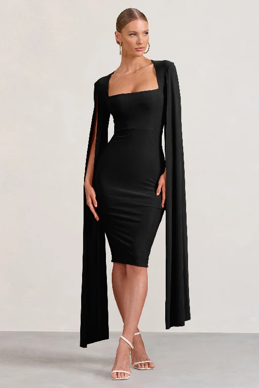 Best Deals Of The Season Flawless | Black Square Neck Midi Dress With Cape Sleeves Lightweight Fabric