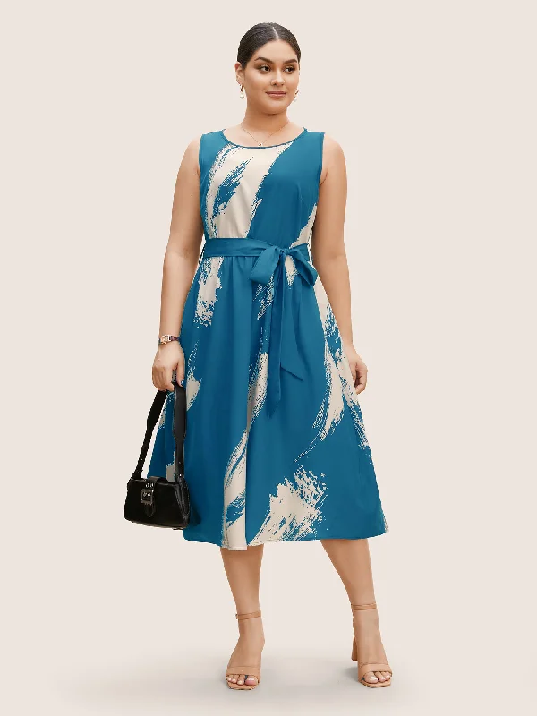 Huge Markdowns Marble Print Sleeveless Belted Midi Dress Luxe Layering