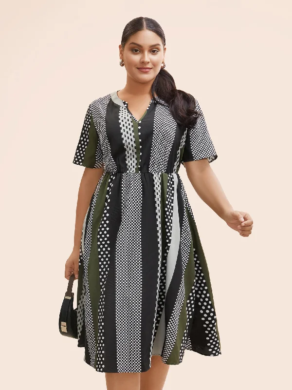 Seasonal Style Discounts Notched Geometric Patchwork Contrast Midi Dress Minimalist Office - Ready Style