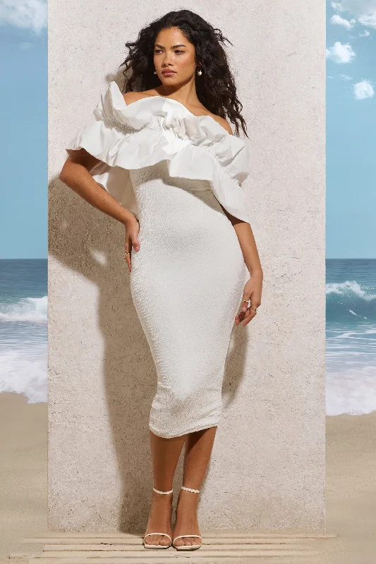 Casual Chic When In Rome | White Asymmetric Ruffle Midi Dress Flash Sale