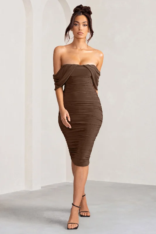 Fashion Sale Love Me | Chocolate Off The Shoulders Ruched Midi Dress Effortless Comfort