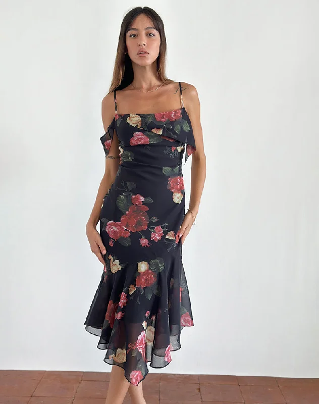 Inspired By You, Designed For You Dansya Midi Dress in Renaissance Rose Black Seasonal Trend