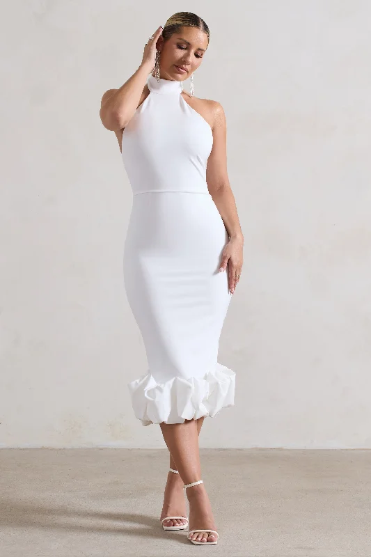 Fashion Forward Ashton | White High-Neck Midi Dress With Ruffle Hem Romantic Flair