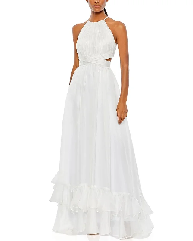 Ends Soon Mac Duggal Pleated Criss Cross Cut Out Halter Neck Gown Romantic Date - Night Ensemble