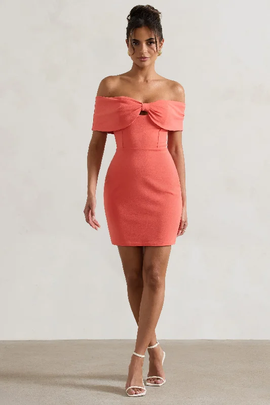 Best-Sellers Megan | Coral Bow Bardot Mini Dress Contemporary Elegance