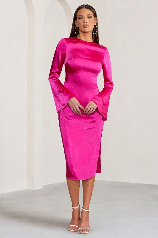 Unbeatable Deals Zaina | Hot Pink Long Sleeve Midi Dress with High Neckline Parisian Effortless Chic Style