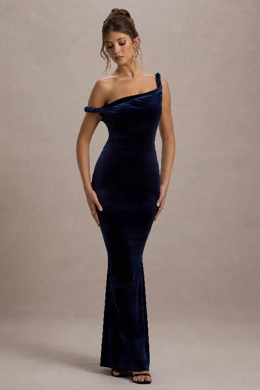 Style Upgrade Neeka | Navy Velvet Twisted Asymmetric Maxi Dress Minimalist Chic