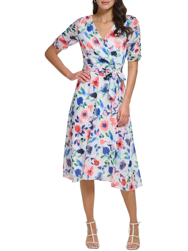 Hot Picks Petites Womens Faux Wrap Floral Wrap Dress Parisian Effortless Chic Style