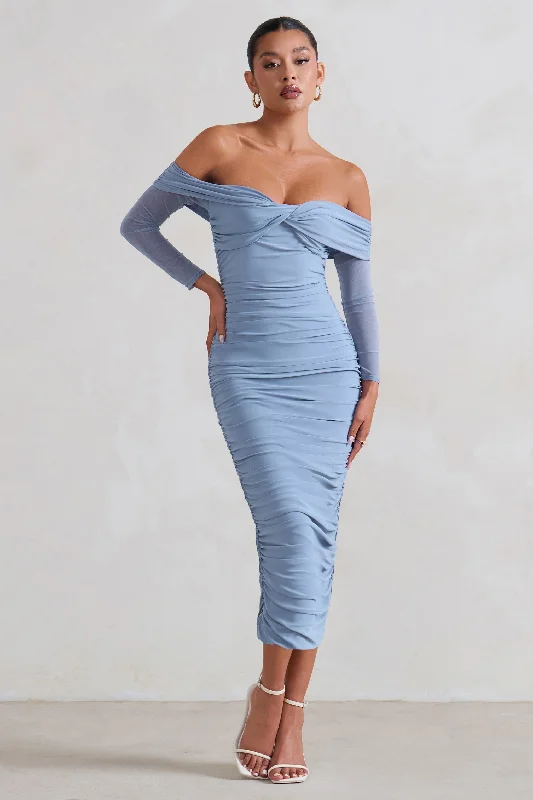 Sophisticated Street Style Offers Neva | Ice Blue Bardot Twist Midi Dress Feminine Grace