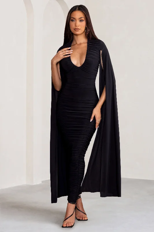 Weekend Exclusive Georgiana | Black Plunge Ruched Maxi Dress with Cape Sleeves Coastal Beach - Inspired Style